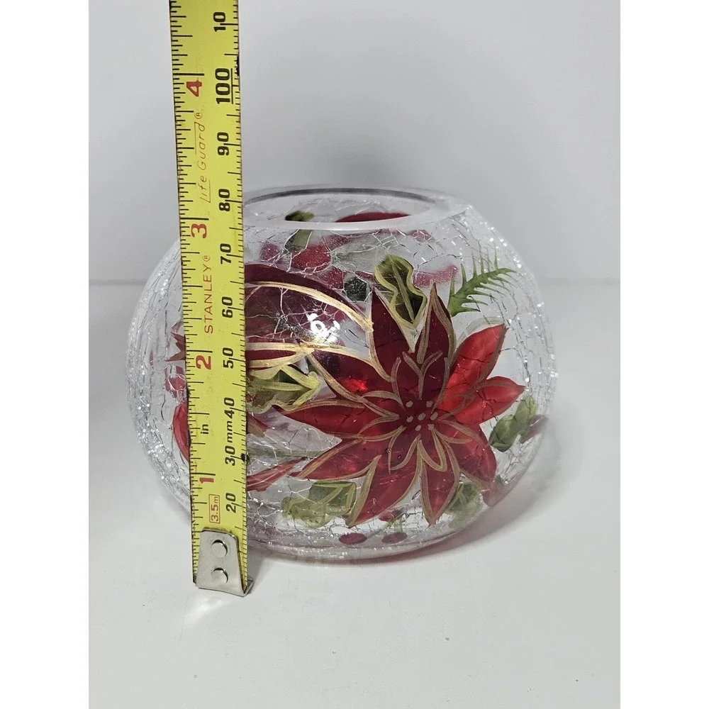 Crystal Clear Christmas Poinsettia Hand Painted Crackle Glass Votive Holder Vtg